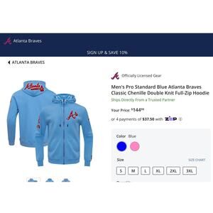 PRO STANDARD Blue ATLANTA BRAVES Classic Chenille Full zip Hoodie Sz L